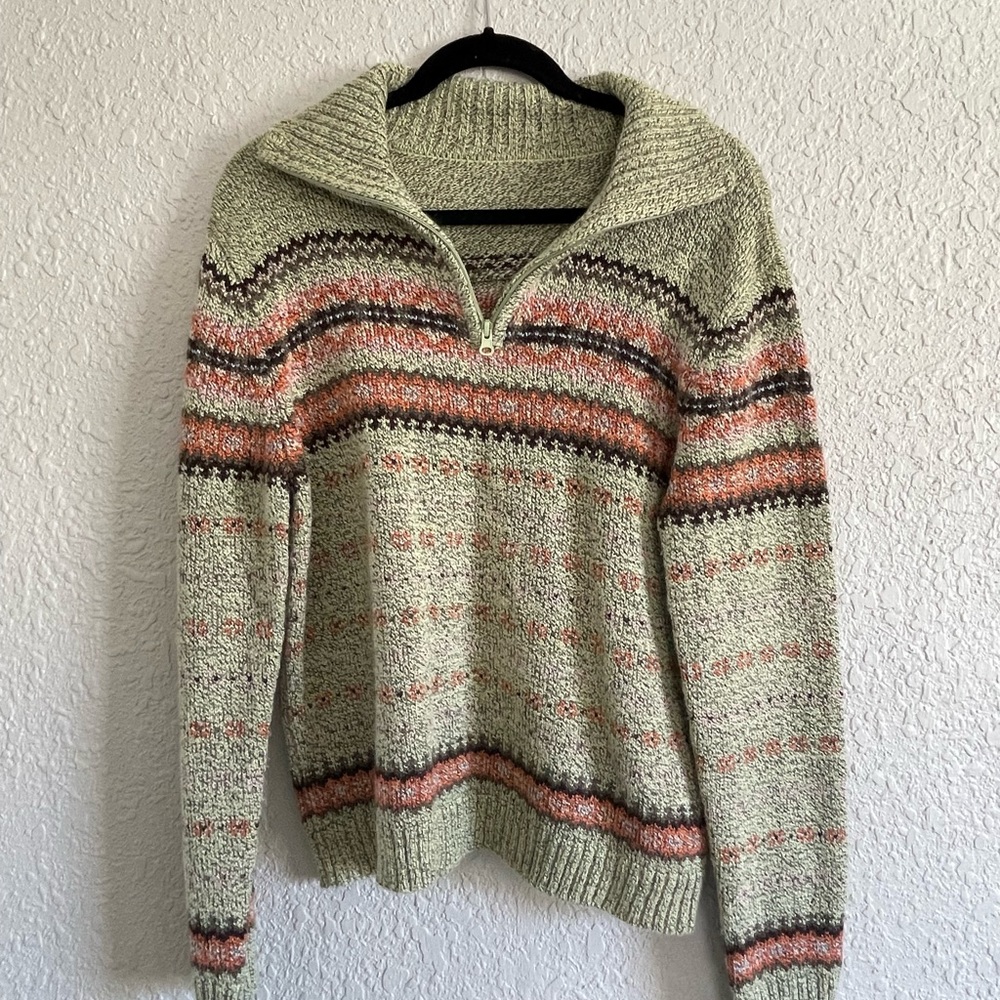 Green and orange quarter zip sweater
